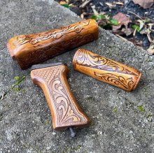 HAND CARVED WALNUT KHYBER PASS AKM AK74 HAND GUARD/GRIP SET #10