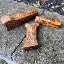 HAND CARVED WALNUT KHYBER PASS AKM AK74 HAND GUARD/GRIP SET #11