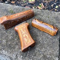 HAND CARVED WALNUT KHYBER PASS AKM AK74 HAND GUARD/GRIP SET #19