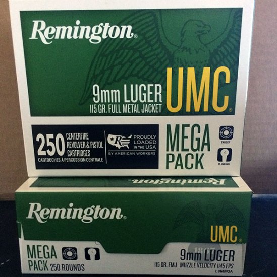 Remington UMC 9 mm 115 gr. FMJ L9MM3A 250 rnd MEGA PACK - Click Image to Close