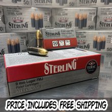 Sterling Ammunition 9 mm 115 gr. FMJ Steel 1500 rnd/case SHIPPED